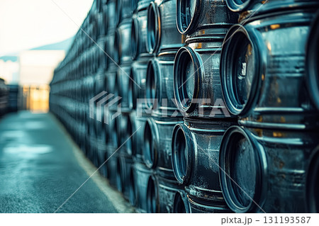 Row of black barrels are stacked on top of each other 131193587