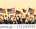 Crowd of people are holding up American flags 131193593