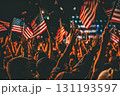 Crowd of people are holding up American flags 131193597