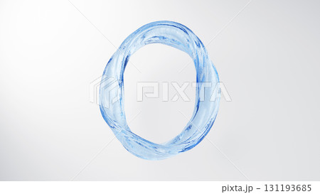 白背景に円形の水色の液体。数字の0。ねじれる水。3D(横長) 白背景に円形の水色の液体。数字の0。ねじれる水。3D(横長) 131193685