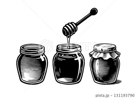 Three hand-drawn honey jars including one with dipper, vintage engraving style, on white background, concept of traditional beekeeping Three hand-drawn honey jars including one with dipper, vintage engraving style, on white background, concept of traditional beekeeping 131193790