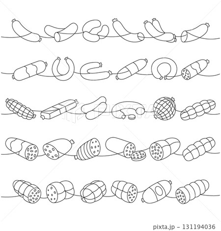 Raw sausages set. Butcher shop products one line continuous drawing. Vector illustration. 131194036