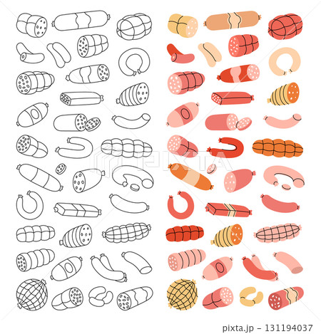 Sausages in vertical banner. Fresh raw sausages. Butchery menu design template for food market, ecommerce, products promotion. Vector illustration. Sausages in vertical banner. Fresh raw sausages. Butchery menu design template for food market, ecommerce, products promotion. Vector illustration. 131194037