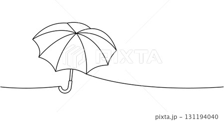 Minimalist umbrella outline in single line art style, simple vector design of open parasol symbolizing rain, shelter and protection 131194040
