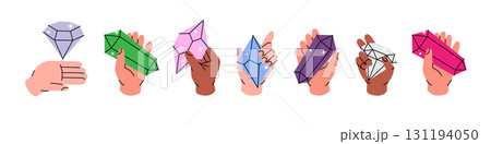 Set of hands holding crystals. Spirituality crystals. Gemstone, amethyst, ruby, sapphire, emerald, topaz and quartz. Vector illustration. 131194050