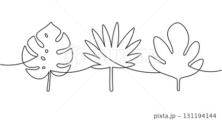 Elegant continuous line drawing of monstera, palm, and fig leaves. Minimalist botanical art for nature-themed design Elegant continuous line drawing of monstera, palm, and fig leaves. Minimalist botanical art for nature-themed design 131194144