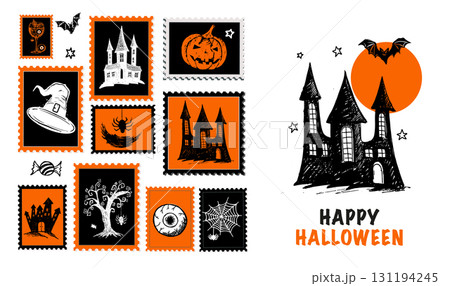 Halloween Stamps, mail, postcard hand drawn illustration on white Halloween Stamps, mail, postcard hand drawn illustration on white 131194245