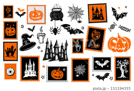 Halloween Stamps, mail, postcard hand drawn illustration Halloween Stamps, mail, postcard hand drawn illustration 131194355