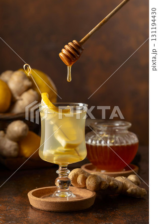 Ginger tea with lemon and honey. Ginger tea with lemon and honey. 131194430