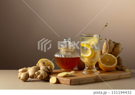 Ginger tea with lemon and honey on a beige background. 131194432