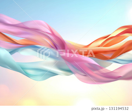 Floating ribbons of light in soft pastel colors create peaceful rhythm, gently swaying in air. serene atmosphere evokes sense of calm and tranquility 131194532