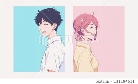 楽しそうに背中合わせで向き合う男女のほのぼのイラスト 131194611