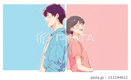 背中合わせで微笑む二人、和やかな日常シーンのイラストのイラスト素材