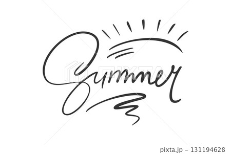 Handwritten Summer text in black ink under rising glowing sun, curved rays radiating upward, bold casual brush style lettering, minimal monochrome sunrise silhouette, warm energetic morning sky mood Handwritten Summer text in black ink under rising glowing sun, curved rays radiating upward, bold casual brush style lettering, minimal monochrome sunrise silhouette, warm energetic morning sky mood 131194628