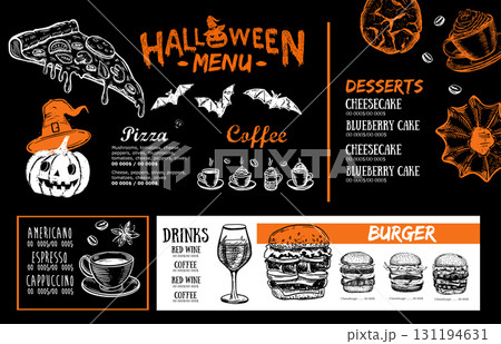 Halloween menu, hand drawn illustrations.	 131194631