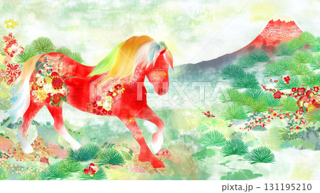 令和8年 2026年 力強く駆け抜ける赤馬と富士山の年賀状イラスト 131195210