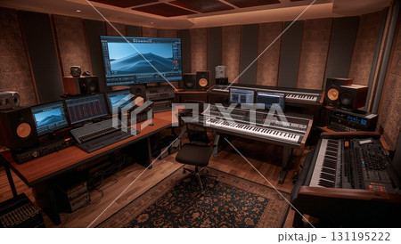 スタジオ機材が揃った本格的音楽スタジオのイラスト スタジオ機材が揃った本格的音楽スタジオのイラスト 131195222