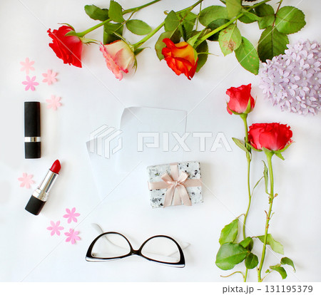 8 March - Happy Women's Day Festive Card. Beautiful Background with gift boxes in heart shape, rose petals, bow, lipstick and serpentine on wooden texture . Vector Illustration. 131195379