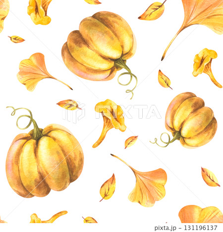 Seamless autumn harvest pattern with pumpkins and leaves in warm golden tones, hand-painted watercolor illustration ideal for packaging, textiles, wallpapers, and holiday decorative surfaces. Seamless autumn harvest pattern with pumpkins and leaves in warm golden tones, hand-painted watercolor illustration ideal for packaging, textiles, wallpapers, and holiday decorative surfaces. 131196137