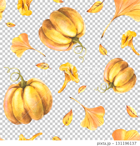Seamless autumn harvest pattern with pumpkins and leaves in warm golden tones, hand-painted watercolor illustration ideal for packaging, textiles, wallpapers, and holiday decorative surfaces. Seamless autumn harvest pattern with pumpkins and leaves in warm golden tones, hand-painted watercolor illustration ideal for packaging, textiles, wallpapers, and holiday decorative surfaces. 131196137