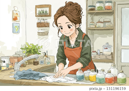美優シリーズ：美優がプラスチックごみを洗って乾かすシーン 131196159