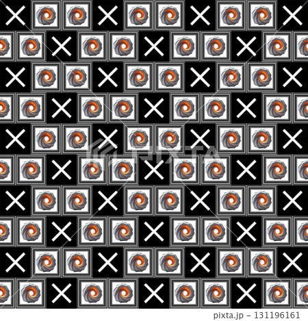 Whirlwind and crosses grid. A geometric pattern features a grid of repeating elements on a black background.  131196161