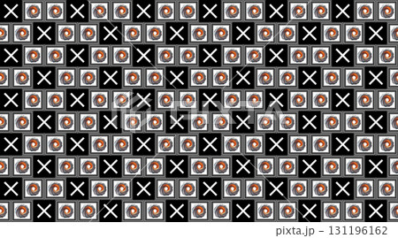 Whirlwind and crosses grid. A geometric pattern features a grid of repeating elements on a black background.  131196162