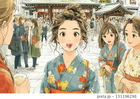 美優シリーズ：美優が花柄の浴衣を着て神社の境内で友人と談笑している昼のシーン 131196298