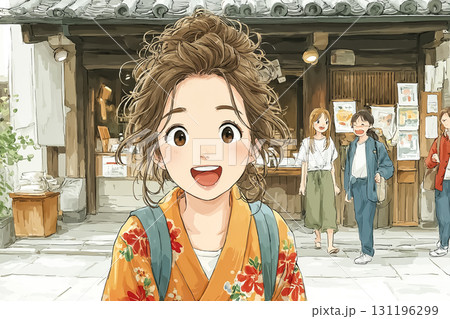 美優シリーズ：美優が花柄の浴衣を着て神社の境内で友人と談笑している昼のシーン 131196299