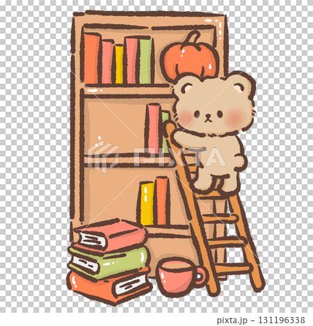 Cute Bear sitting leaning on a ladder against a bookshelf Cozy Kawaii Illustration for Children Story time Autumn Dessert Design Kids Books Educational Materials Greeting Cards Sticker   131196338