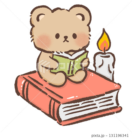 Cute Bear sitting on top of a giant gook reading with candle Cozy Kawaii Illustration for Children Storytime Autumn Dessert Design Kids Books Educational Materials Greeting Cards Sticker  131196341