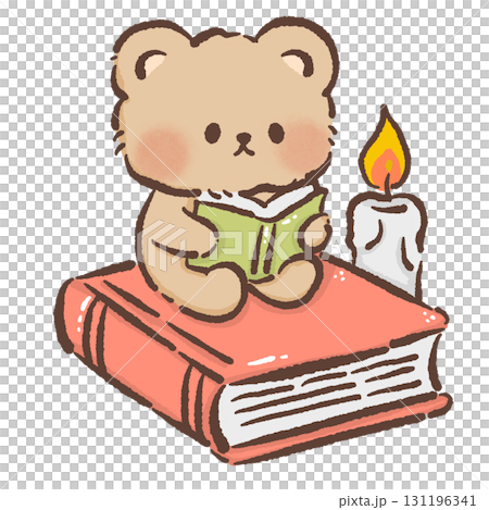 Cute Bear sitting on top of a giant gook reading with candle Cozy Kawaii Illustration for Children Storytime Autumn Dessert Design Kids Books Educational Materials Greeting Cards Sticker  131196341