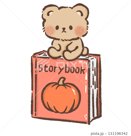 Cute Bear sitting on top of a storybook with a pumpkin Cozy Kawaii Illustration for Children Storytime Autumn Dessert Design Kids Books Educational Materials Greeting Cards Stickers and Party Decor 131196342