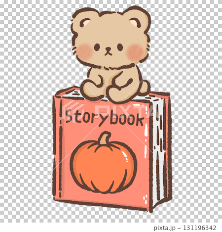 Cute Bear sitting on top of a storybook with a pumpkin Cozy Kawaii Illustration for Children Storytime Autumn Dessert Design Kids Books Educational Materials Greeting Cards Stickers and Party Decor 131196342