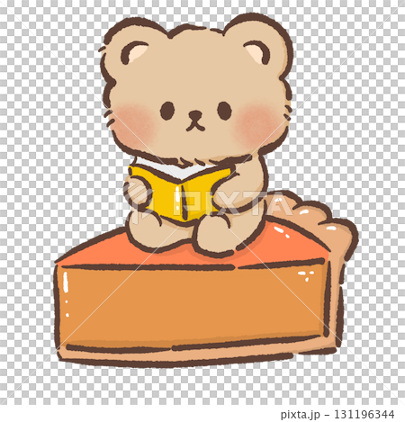 Cute Bear Reading Book Sitting on Slice of Pie Cozy Kawaii Illustration for Children Storytime Autumn Dessert Design Kids Books Educational Materials Greeting Cards Stickers and Party Decor 131196344
