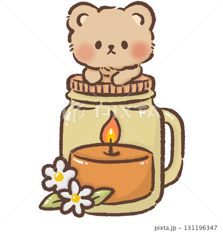 Cute Bear sitting on top of a lit candle in a jar Cozy Kawaii Illustration for Children Storytime Autumn Dessert Design Kids Books Educational Materials Greeting Cards Stickers and Party Decor 131196347
