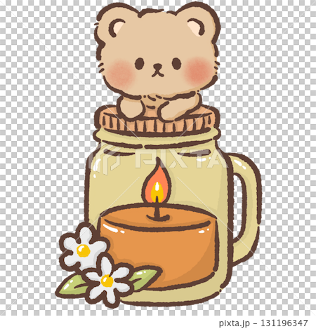 Cute Bear sitting on top of a lit candle in a jar Cozy Kawaii Illustration for Children Storytime Autumn Dessert Design Kids Books Educational Materials Greeting Cards Stickers and Party Decor 131196347