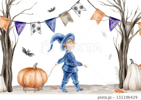 Halloween Banner watercolor illustration with wizard in a blue suit and hat with a wooden cart with Pumpkin. Drawing of autumn frame with garlands on isolated background. Border with fall leaves Halloween Banner watercolor illustration with wizard in a blue suit and hat with a wooden cart with Pumpkin. Drawing of autumn frame with garlands on isolated background. Border with fall leaves 131196429