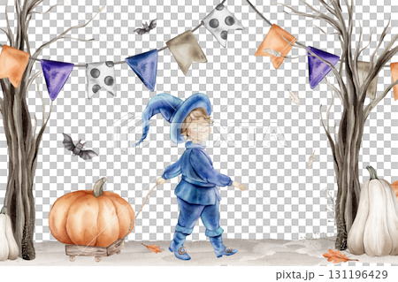 Halloween Banner watercolor illustration with wizard in a blue suit and hat with a wooden cart with Pumpkin. Drawing of autumn frame with garlands on isolated background. Border with fall leaves Halloween Banner watercolor illustration with wizard in a blue suit and hat with a wooden cart with Pumpkin. Drawing of autumn frame with garlands on isolated background. Border with fall leaves 131196429
