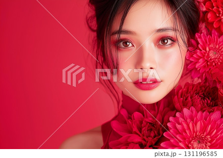 赤い花と美しい女性 131196585