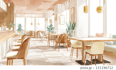 水彩タッチのカフェ店内イラスト03 131196712