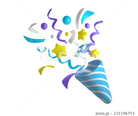3d Celebratory Popper Explosion with Confetti, Ribbons, and Stars. Blue and white firecracker explodes with serpentine and diamonds for birthday, boy, children, babies. Birthday and anniversary banner 3d Celebratory Popper Explosion with Confetti, Ribbons, and Stars. Blue and white firecracker explodes with serpentine and diamonds for birthday, boy, children, babies. Birthday and anniversary banner 131196753
