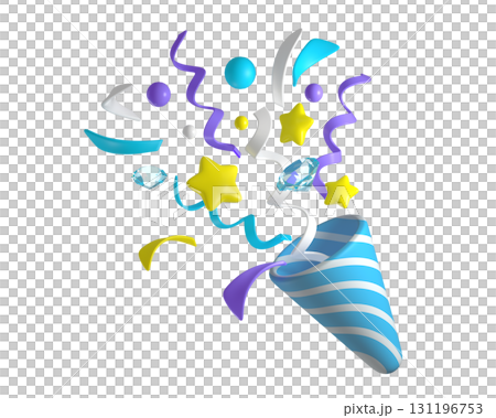 3d Celebratory Popper Explosion with Confetti, Ribbons, and Stars. Blue and white firecracker explodes with serpentine and diamonds for birthday, boy, children, babies. Birthday and anniversary banner 131196753