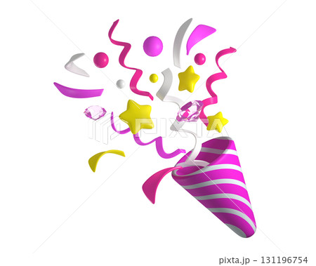 3d Celebratory Popper Explosion with Confetti, Ribbons, and Stars. Pink and white firecracker explodes with serpentine and diamonds for birthday, girl, children, babies. Birthday and anniversary banne 131196754