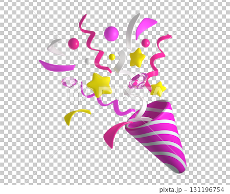3d Celebratory Popper Explosion with Confetti, Ribbons, and Stars. Pink and white firecracker explodes with serpentine and diamonds for birthday, girl, children, babies. Birthday and anniversary banne 131196754