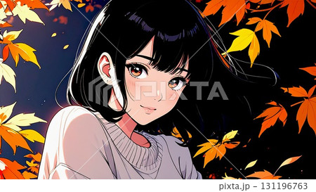 秋の紅葉とこちらを見つめる女性のイメージ イラスト素材 AI生成素材 131196763
