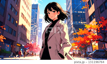 秋の都会の町並み 紅葉とこちらを見つめるビジネスウーマンのイメージ イラスト素材 AI生成素材 131196764