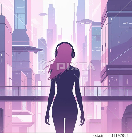 高層ビルが並ぶオフィス街を歩くヘッドフォンをした女性 131197096