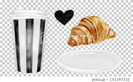 Coffee cup and a croissant watercolor set. Hand drawn two glasses of hot cappuccino on a holder, plate and croissant. Food clip art. Ideal for bakery prints, postcards and pastry shop posters. Coffee cup and a croissant watercolor set. Hand drawn two glasses of hot cappuccino on a holder, plate and croissant. Food clip art. Ideal for bakery prints, postcards and pastry shop posters. 131197310