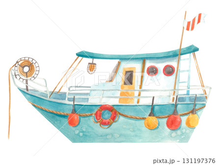 Watercolor fishing boat with buoys and lifebuoy isolated on white. 131197376
